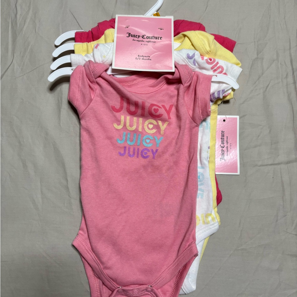 Juicy Couture Pink and Yellow Baby Bodysuits 0-3 Months. NWT.